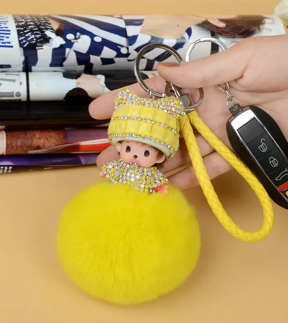 Monchichi sleutelhanger real rabbit fur pom pom keychain Crystal Monchhichi Dolls pompom Key chain Woman bag car Charm pendant