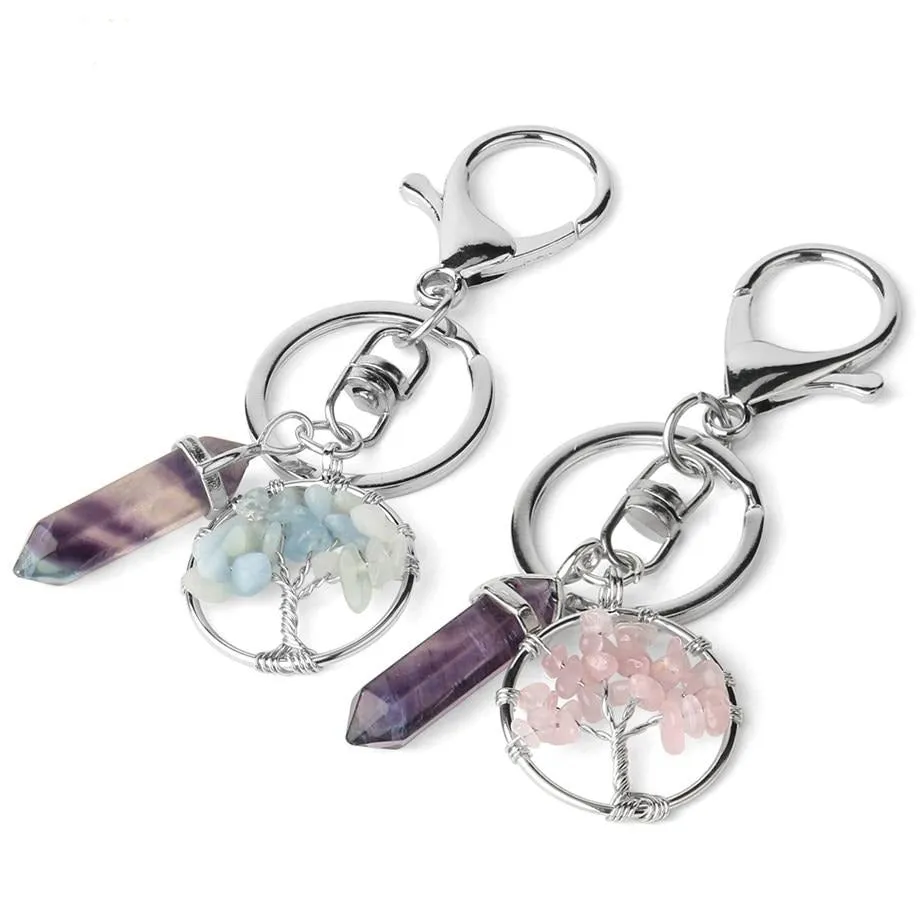 Natural Stone Fluorite Tree of Life Pendants Keychain Lobster Clasp Key Holder Car Backpack Accessories