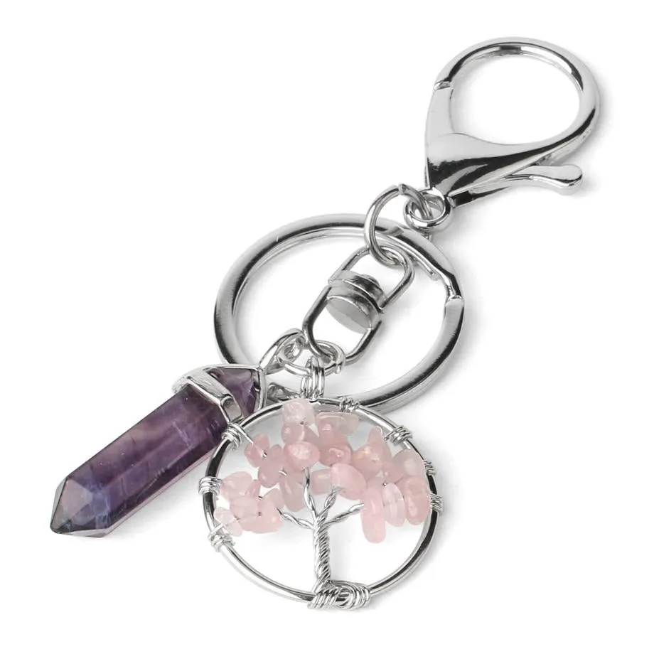 Natural Stone Fluorite Tree of Life Pendants Keychain Lobster Clasp Key Holder Car Backpack Accessories