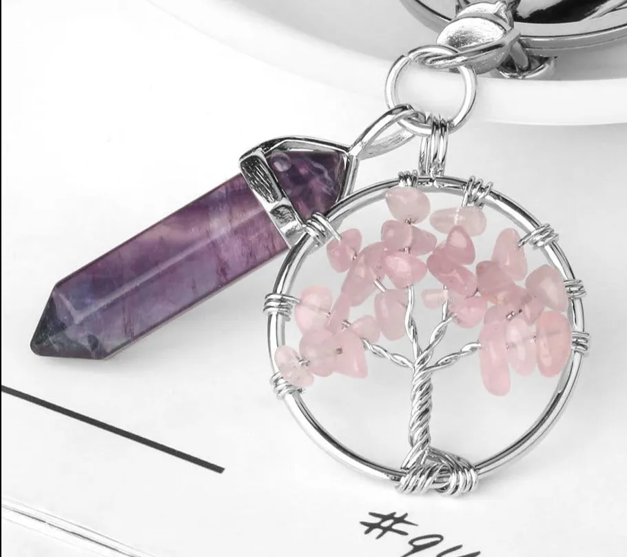 Natural Stone Fluorite Tree of Life Pendants Keychain Lobster Clasp Key Holder Car Backpack Accessories