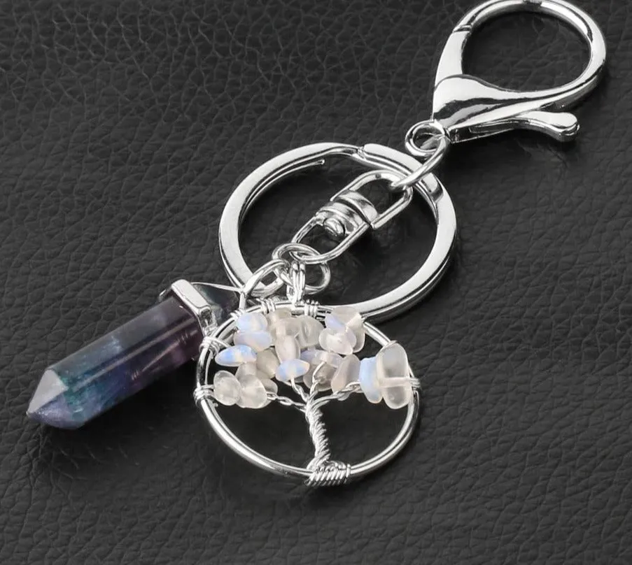 Natural Stone Fluorite Tree of Life Pendants Keychain Lobster Clasp Key Holder Car Backpack Accessories