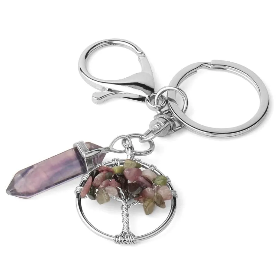 Natural Stone Fluorite Tree of Life Pendants Keychain Lobster Clasp Key Holder Car Backpack Accessories