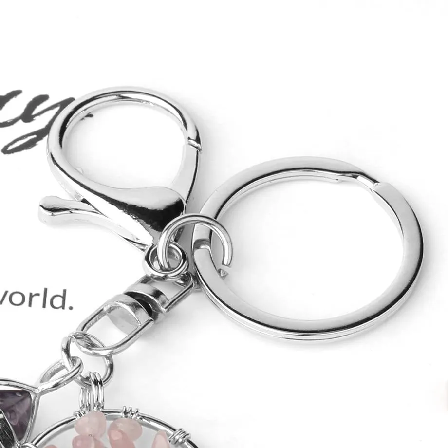 Natural Stone Fluorite Tree of Life Pendants Keychain Lobster Clasp Key Holder Car Backpack Accessories