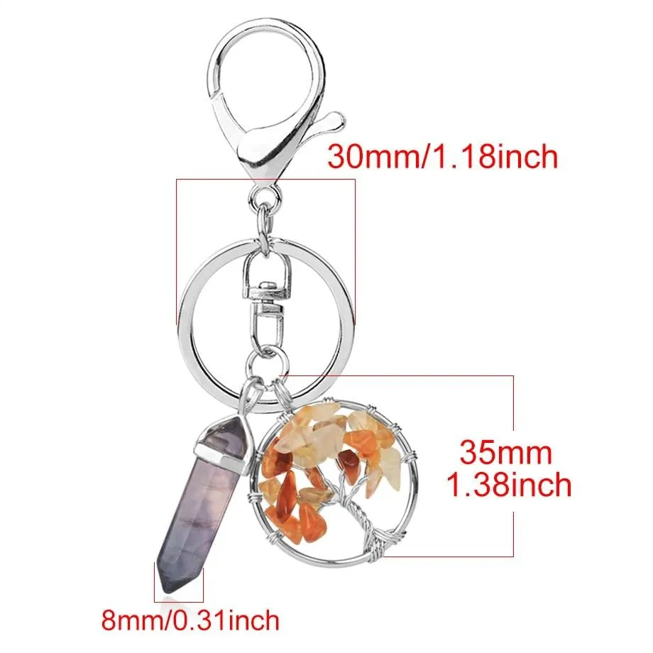 Natural Stone Fluorite Tree of Life Pendants Keychain Lobster Clasp Key Holder Car Backpack Accessories