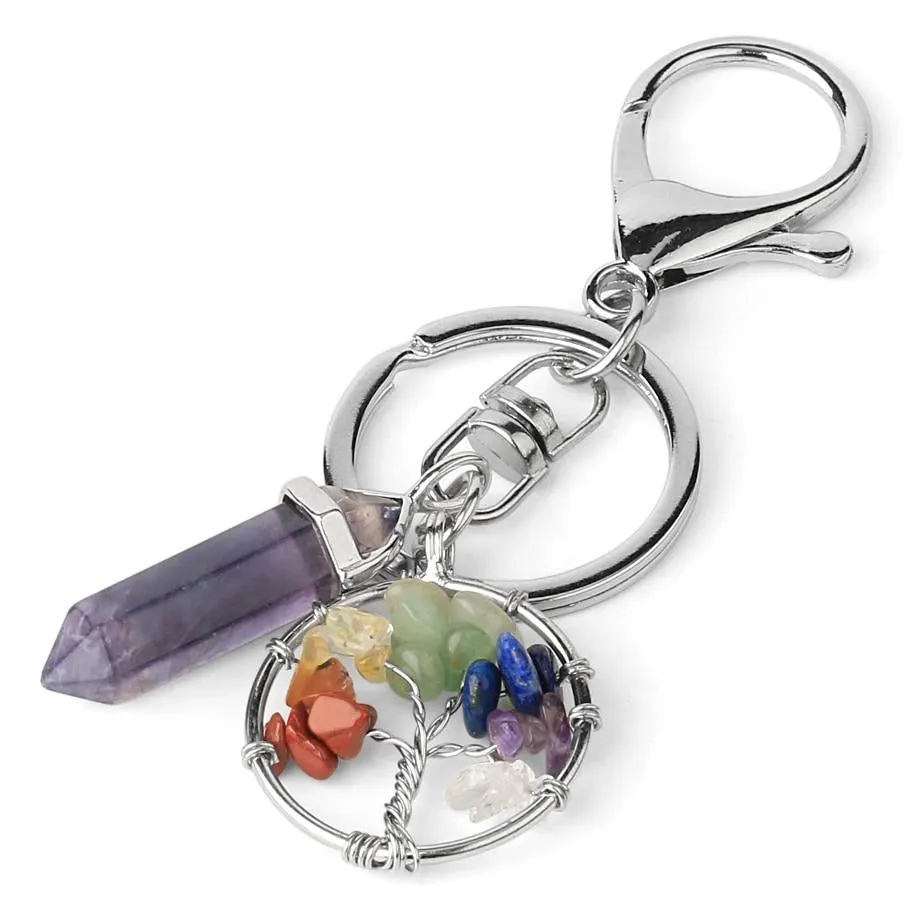 Natural Stone Fluorite Tree of Life Pendants Keychain Lobster Clasp Key Holder Car Backpack Accessories