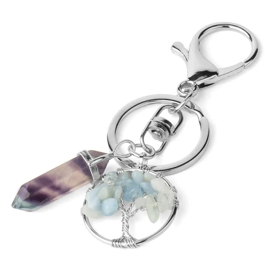 Natural Stone Fluorite Tree of Life Pendants Keychain Lobster Clasp Key Holder Car Backpack Accessories