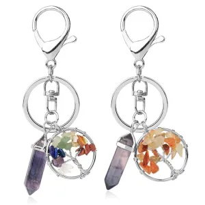 Natural Stone Fluorite Tree of Life Pendants Keychain Lobster Clasp Key Holder Car Backpack Accessories