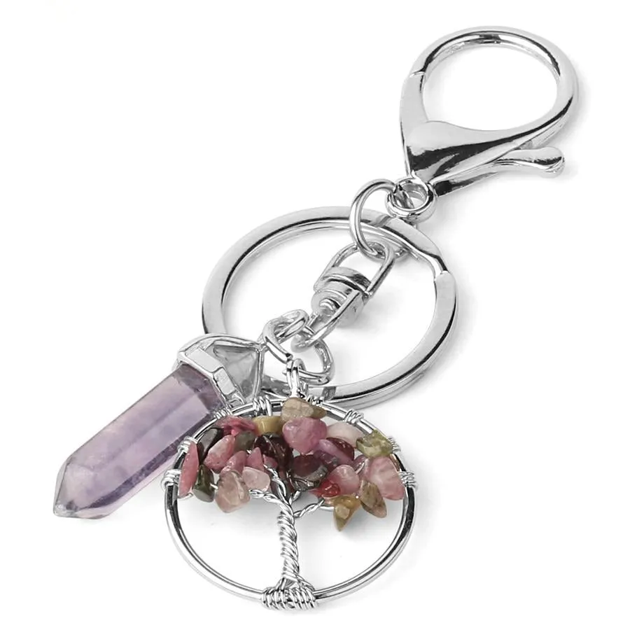 Natural Stone Fluorite Tree of Life Pendants Keychain Lobster Clasp Key Holder Car Backpack Accessories