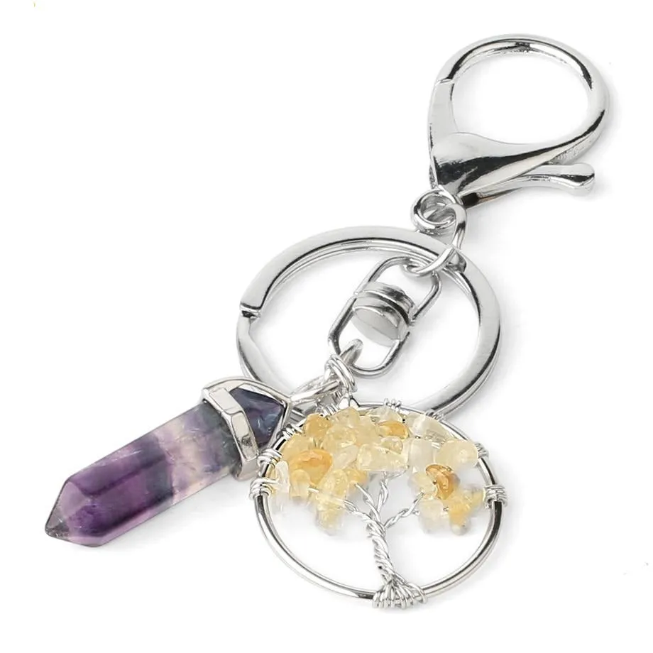 Natural Stone Fluorite Tree of Life Pendants Keychain Lobster Clasp Key Holder Car Backpack Accessories