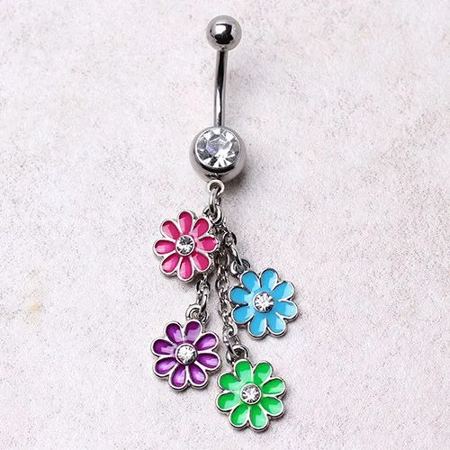 Navel Ring with Multi Color Daisy Dangle