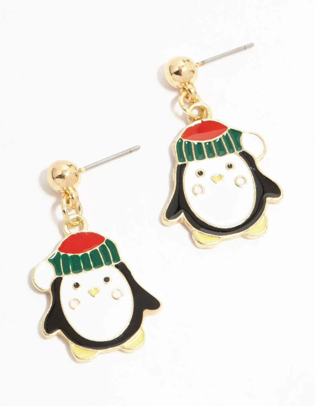 Penguin With Beanie Gold Drop Earrings