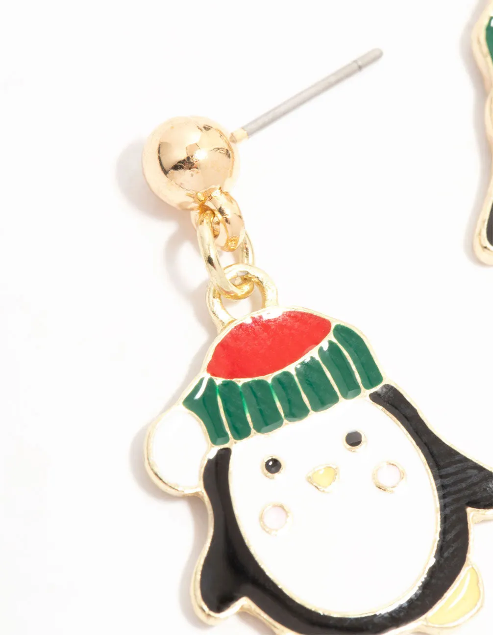 Penguin With Beanie Gold Drop Earrings