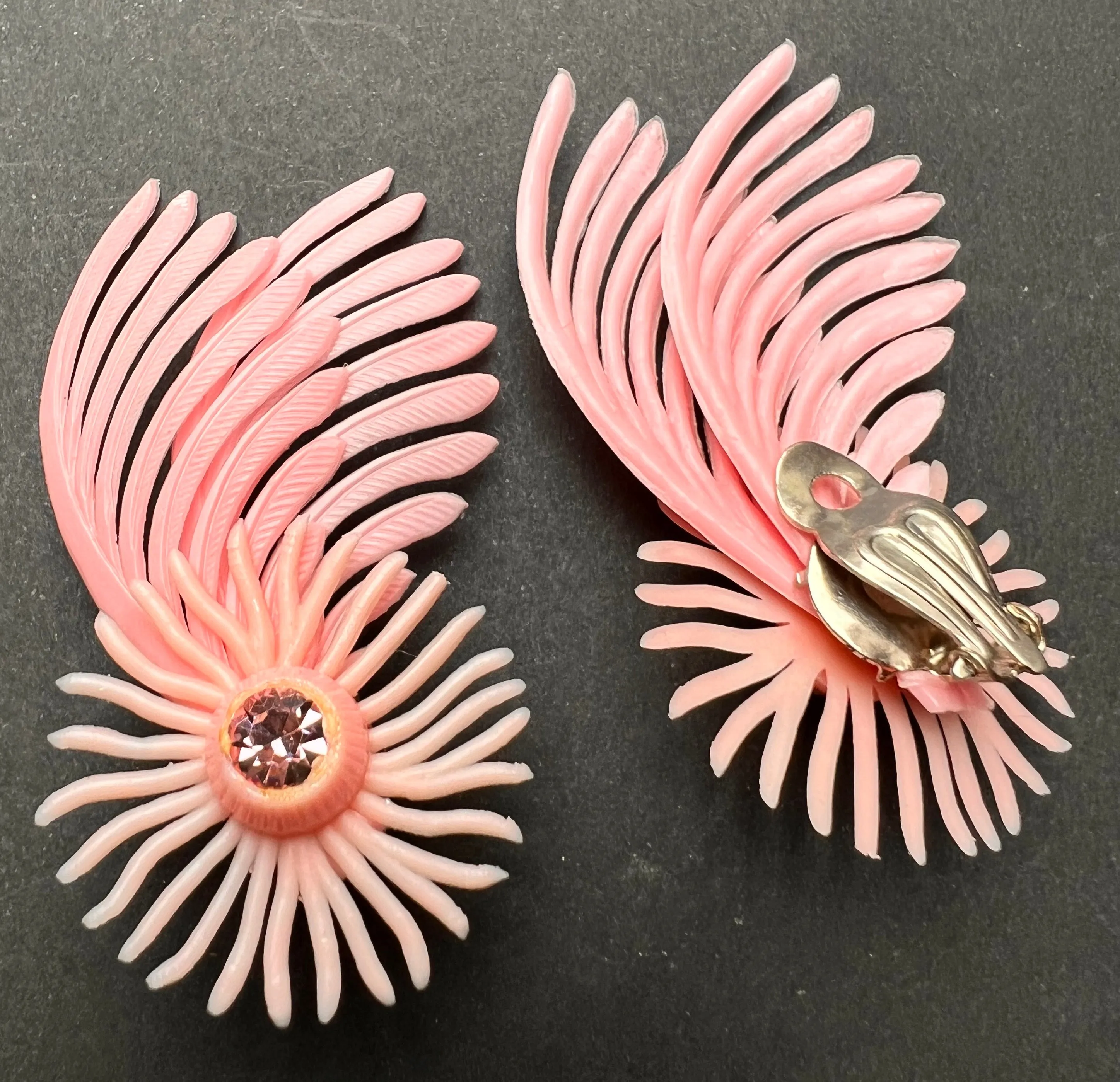 Playful Pink 1950s Clip-On Yellow Earrings with Moveable Wings !