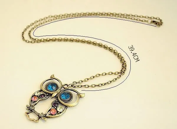 Retro Vintage Block Drill Hollowing Carved Cute Owl Pendant Necklace