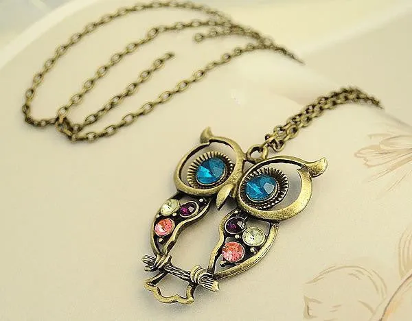 Retro Vintage Block Drill Hollowing Carved Cute Owl Pendant Necklace