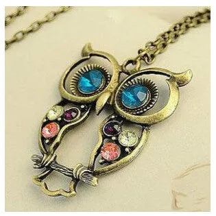 Retro Vintage Block Drill Hollowing Carved Cute Owl Pendant Necklace