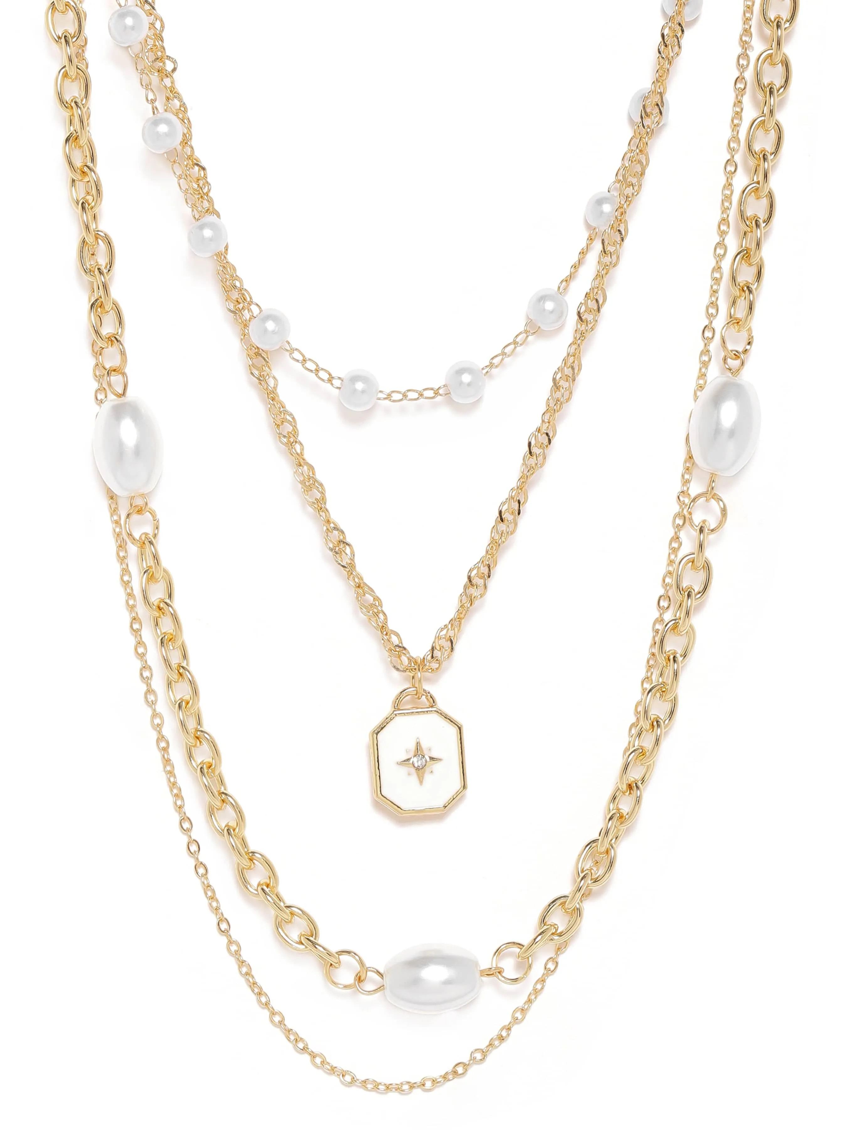 Rubans 18K Gold-Plated Multi-Layered Chain Necklace with Pearls & Star Charm Pendant