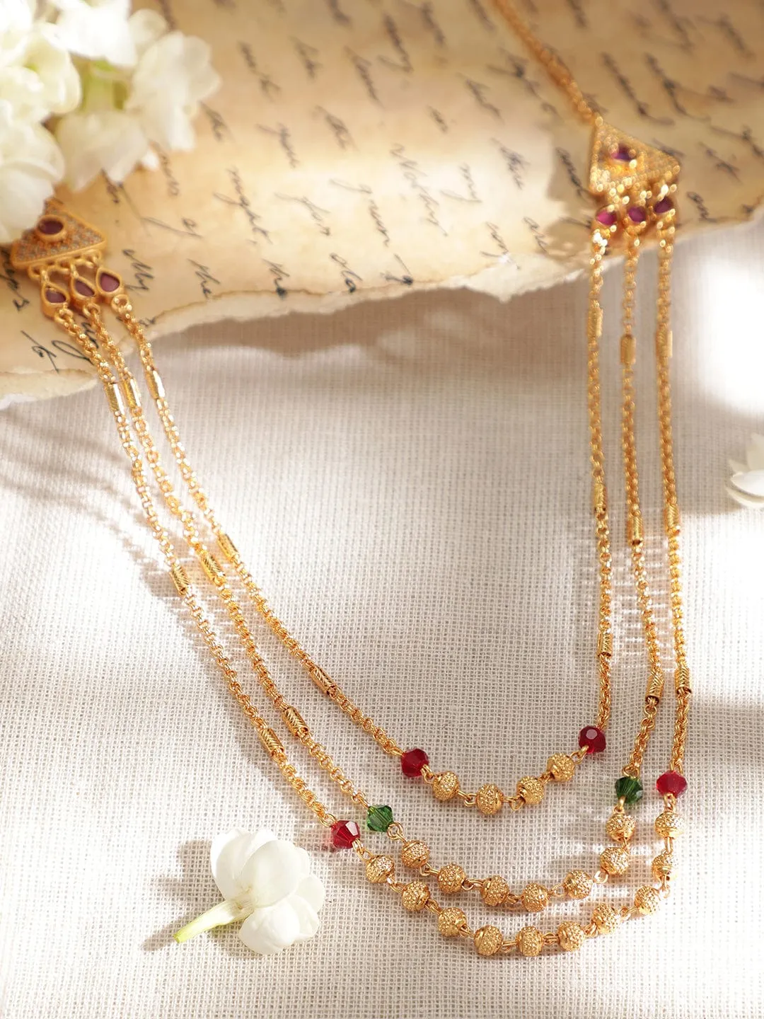 Rubans 22K Gold Plated Handcrafted Layered Beaded Chain Necklace