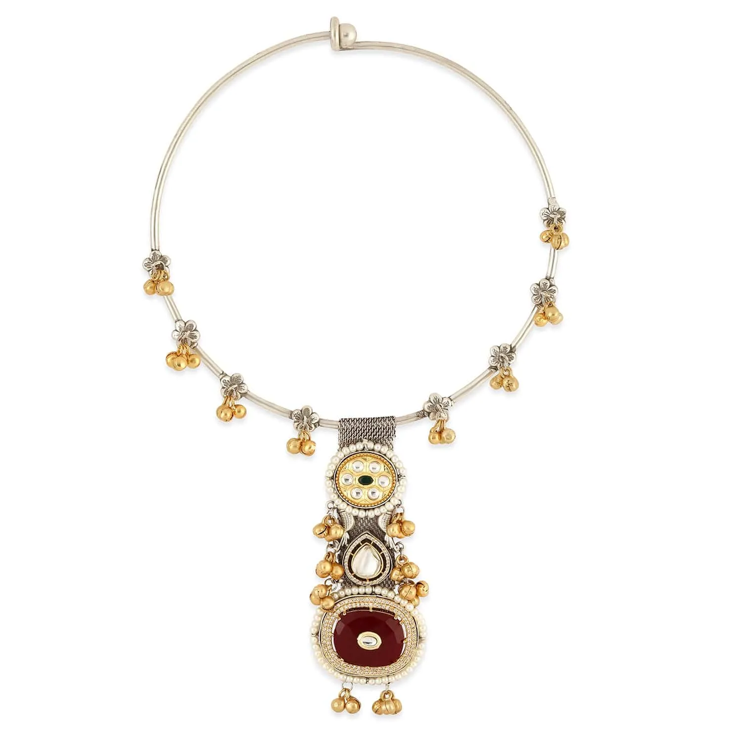 Rubans Oxidized Silver & Gold Plated Ruby Red & White Cubic Zirconia Studded Statement Necklace with Golden Beads