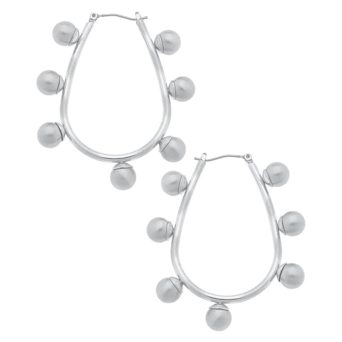 Satin Silver Studded Metal Teardrop Hoop Earrings