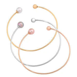 Set 3 of Bracelets 2.3"x 2.3" Titanium Rhodium, Gold and Rose Gold Plated, 8mm Round Nuage, White and Pink Pearls and Stainless Steel ball, Aura Collection