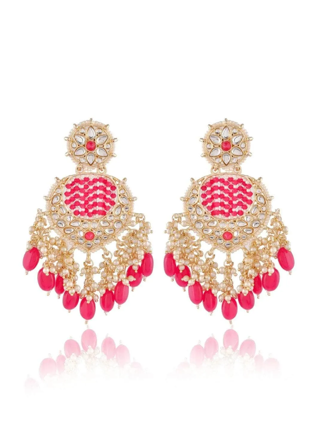 Striking Pink Chandbali Kundan Pearl Earrings