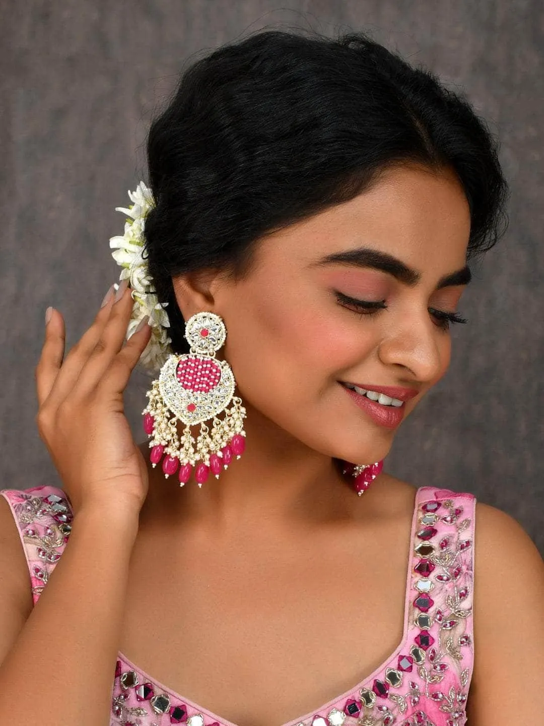 Striking Pink Chandbali Kundan Pearl Earrings