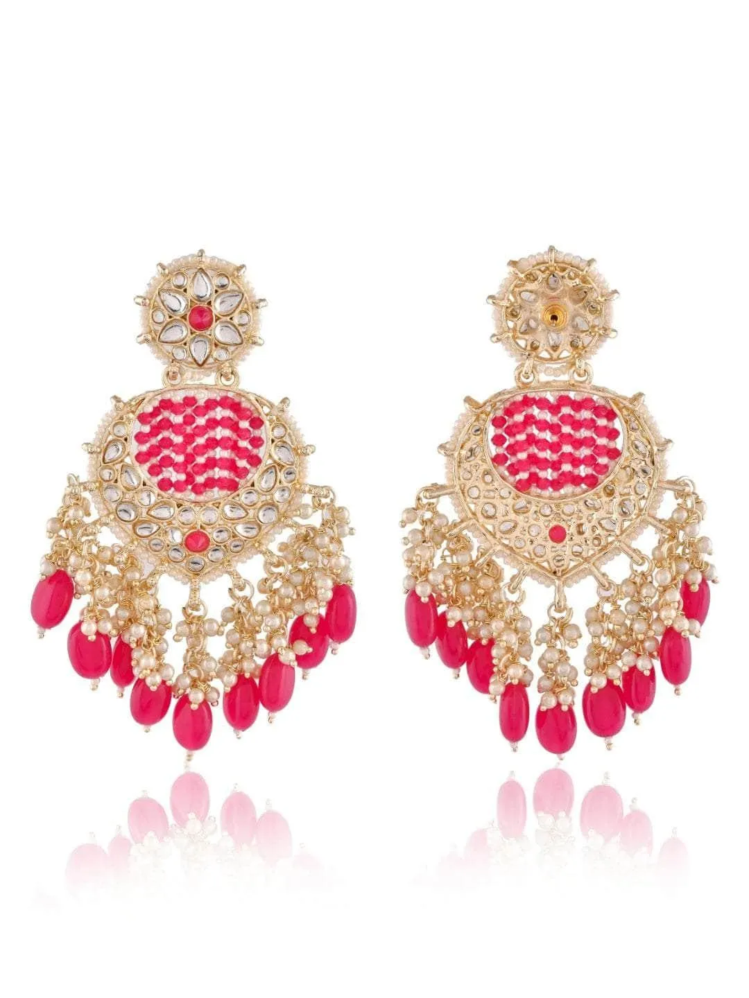 Striking Pink Chandbali Kundan Pearl Earrings