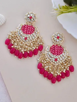 Striking Pink Chandbali Kundan Pearl Earrings