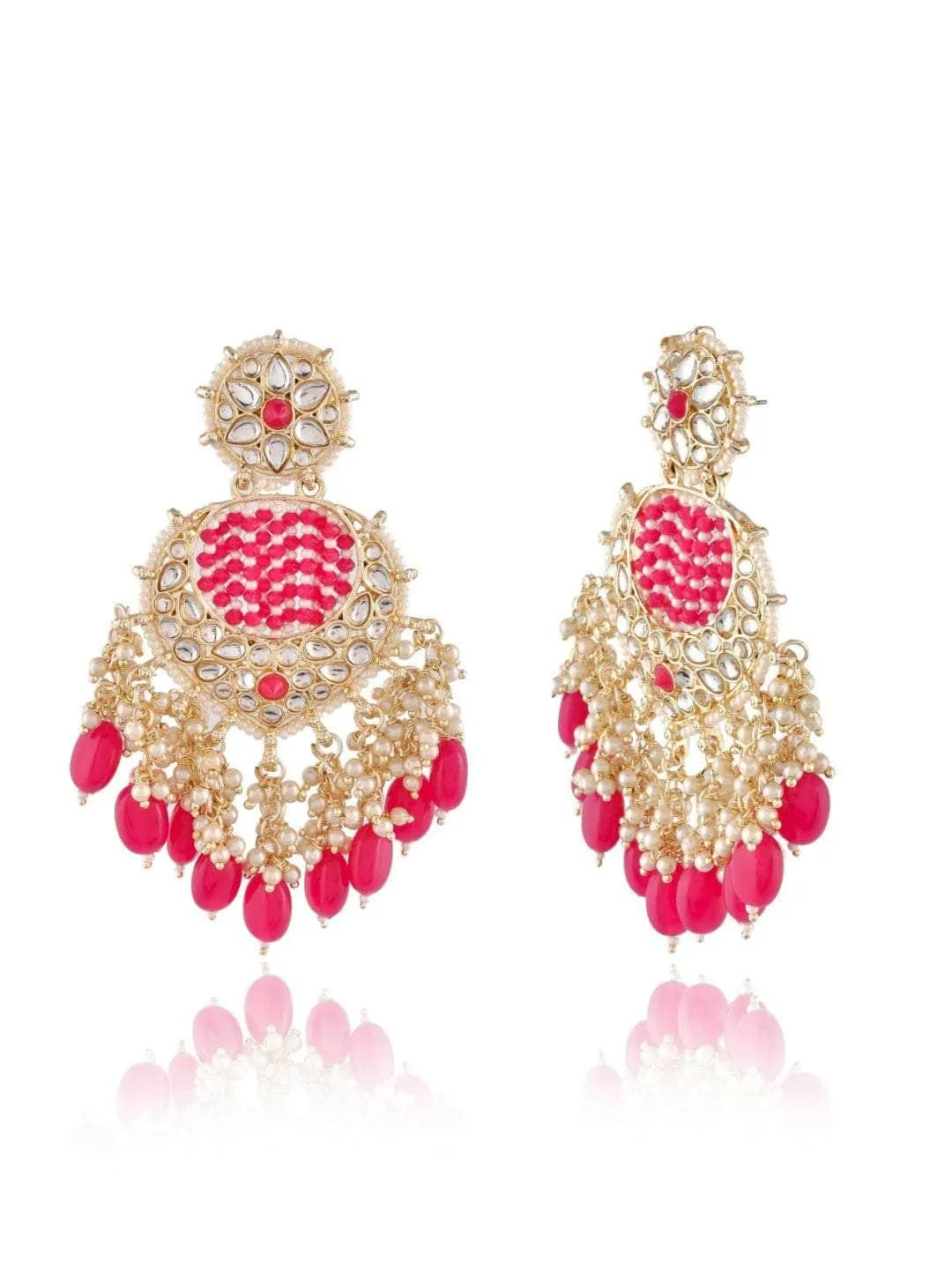 Striking Pink Chandbali Kundan Pearl Earrings