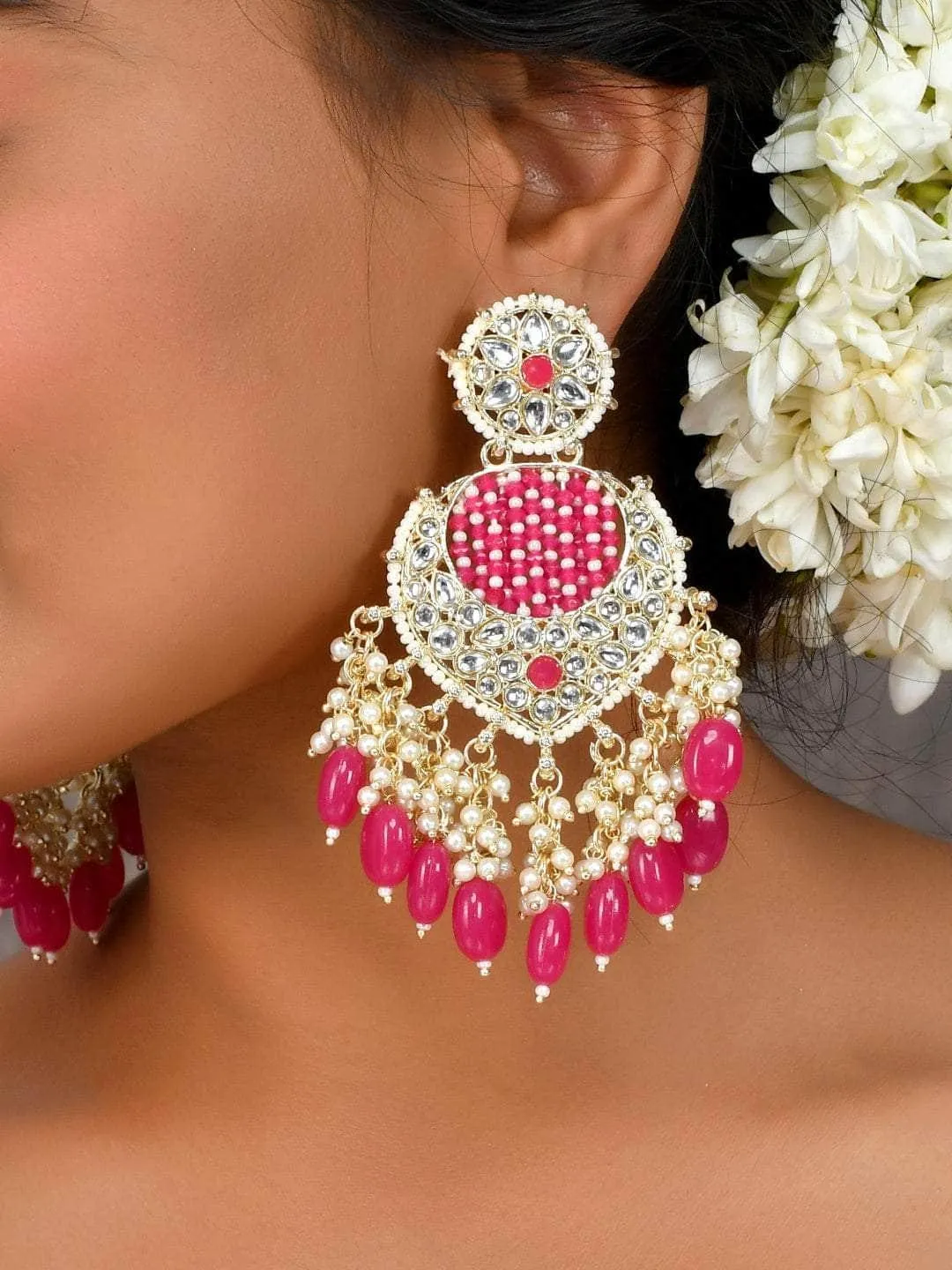 Striking Pink Chandbali Kundan Pearl Earrings