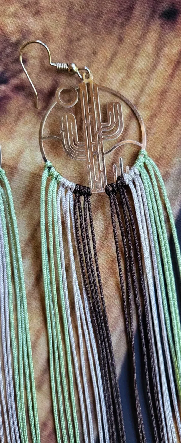 Super cute country girl, Silver Cactus filigree cutout earrings with green grey and brown fringe tassels.