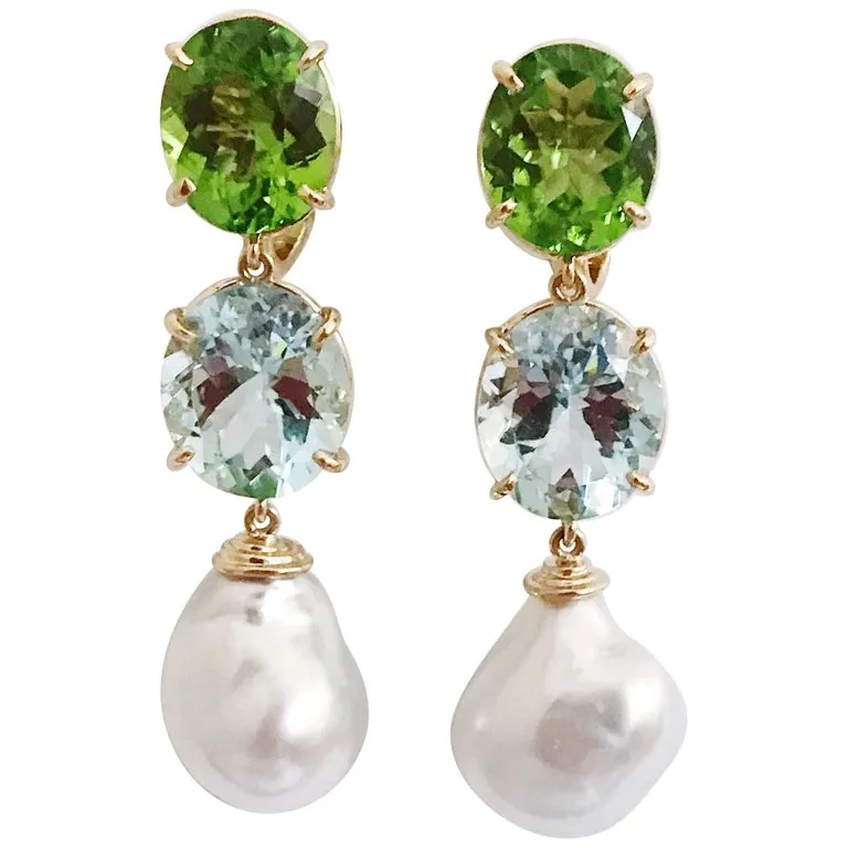 Three-Stone Drop Earring with Peridot Aquamarine South Sea Pearl