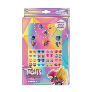 Trolls Charm Bracelet, Rings & Sticker Earrings – 24-Piece Set for Kids