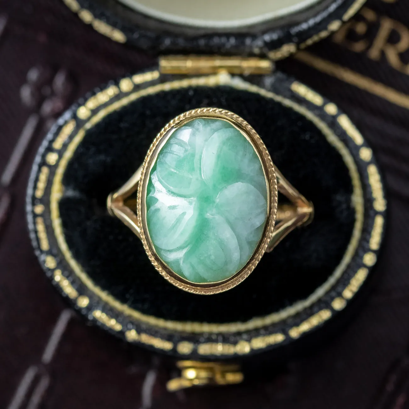 Vintage Carved Jade Flower Ring Dated 1972