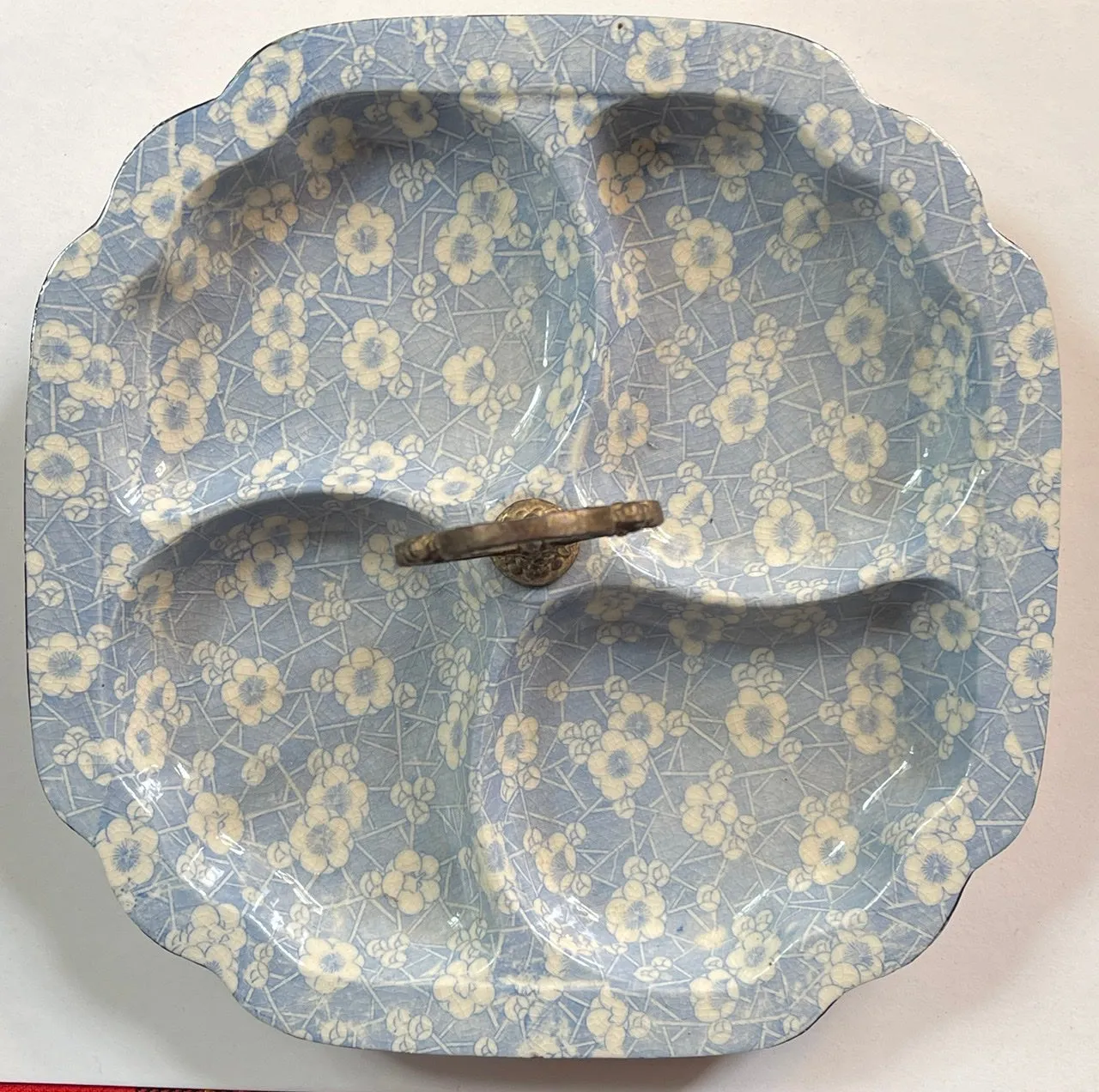 Vtg Chintz 4 Section Hors D'oevres Handled Trefoil Relish Dish Tray Light Blue Transferware