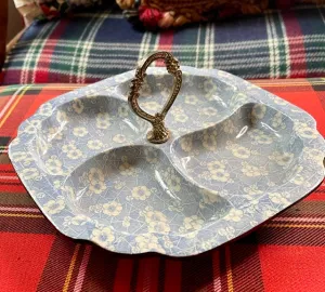 Vtg Chintz 4 Section Hors D'oevres Handled Trefoil Relish Dish Tray Light Blue Transferware